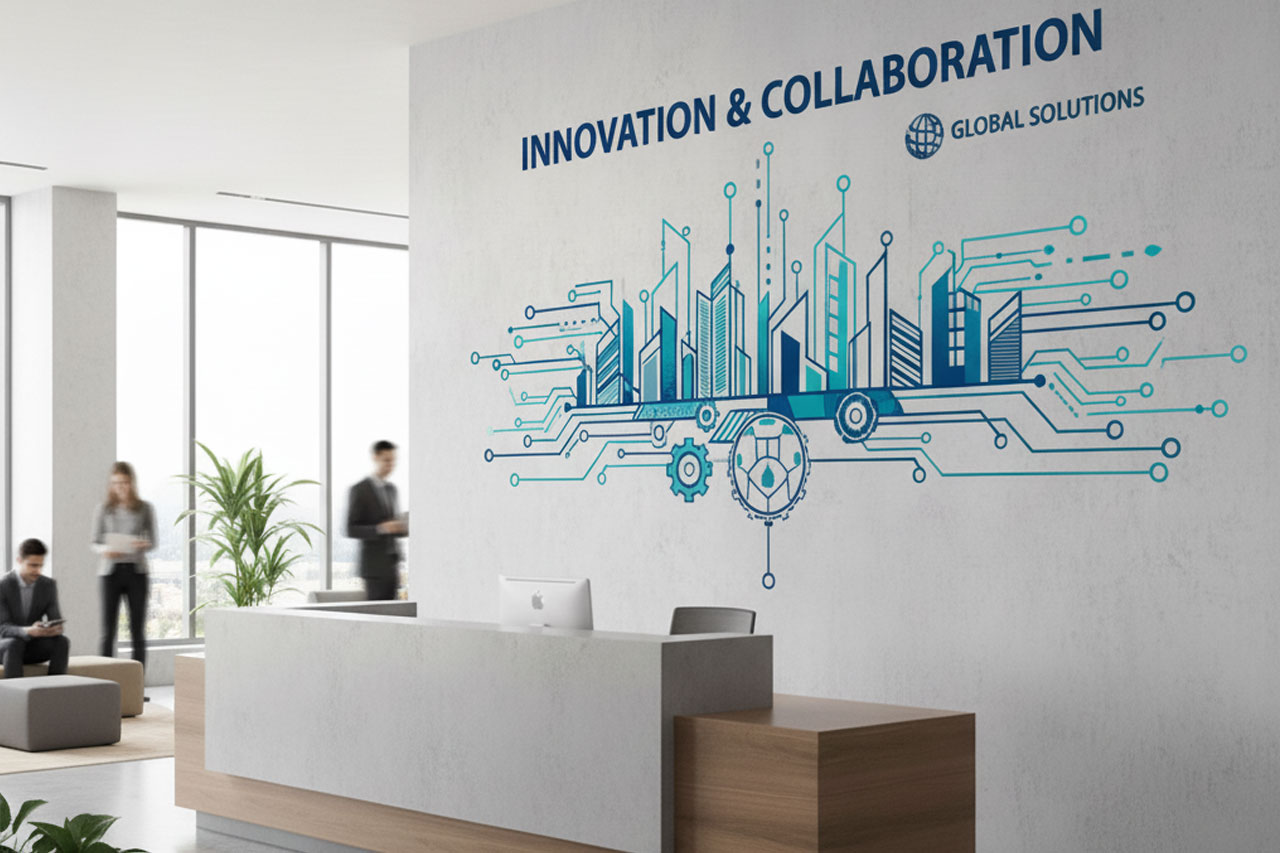 Egyedi falmatrica vinyl anyagból, vállalati iroda falán, modern dekoráció.