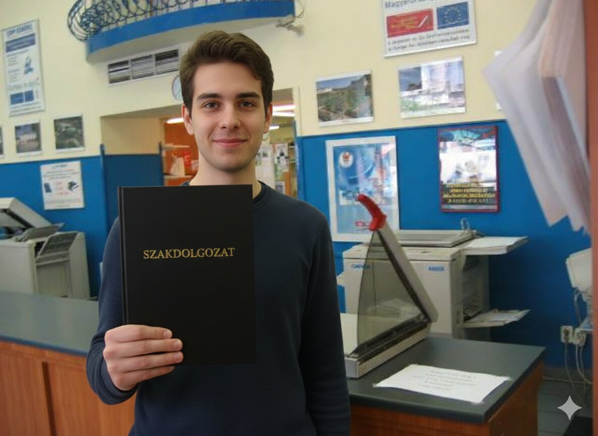 Egyetemi hallgató szakdolgozattal a kezében